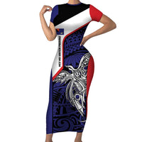 Personalised PNG West New Britain Province Short Sleeve Bodycon Dress Bird of Paradise Tattoo Flag Motif LT9 Long Dress Blue - Polynesian Pride