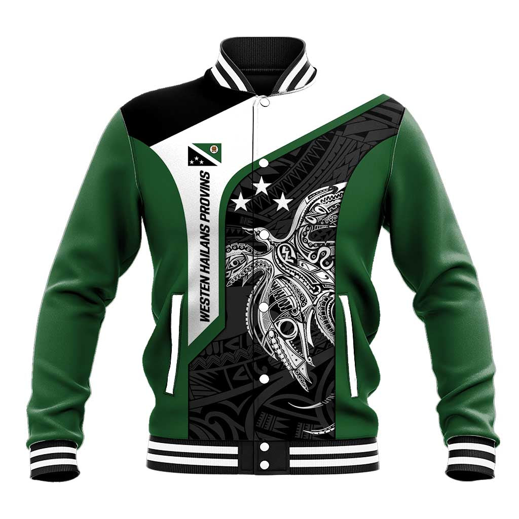 Personalised PNG Western Highlands Province Baseball Jacket Bird of Paradise Tattoo Flag Motif LT9 Unisex Green - Polynesian Pride