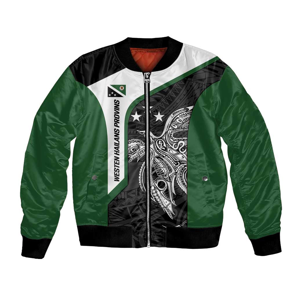 Personalised PNG Western Highlands Province Bomber Jacket Bird of Paradise Tattoo Flag Motif LT9 Unisex Green - Polynesian Pride