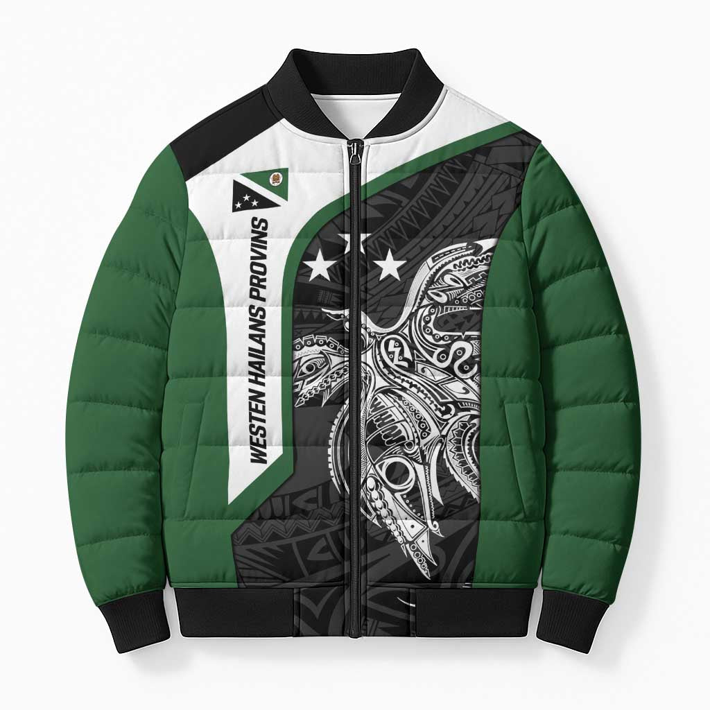 Personalised PNG Western Highlands Province Bomber Puffer Jacket Bird of Paradise Tattoo Flag Motif LT9 Unisex Green - Polynesian Pride