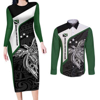 Personalised PNG Western Highlands Province Couples Matching Long Sleeve Bodycon Dress and Long Sleeve Button Shirt Bird of Paradise Tattoo Flag Motif LT9 Green - Polynesian Pride