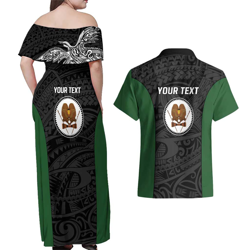 Personalised PNG Western Highlands Province Couples Matching Off Shoulder Maxi Dress and Hawaiian Shirt Bird of Paradise Tattoo Flag Motif LT9 - Polynesian Pride