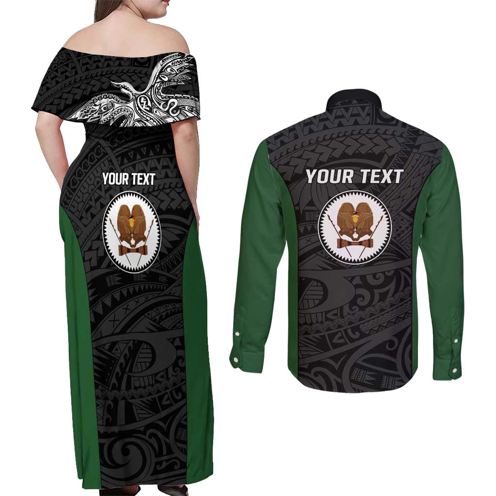Personalised PNG Western Highlands Province Couples Matching Off Shoulder Maxi Dress and Long Sleeve Button Shirt Bird of Paradise Tattoo Flag Motif LT9 - Polynesian Pride