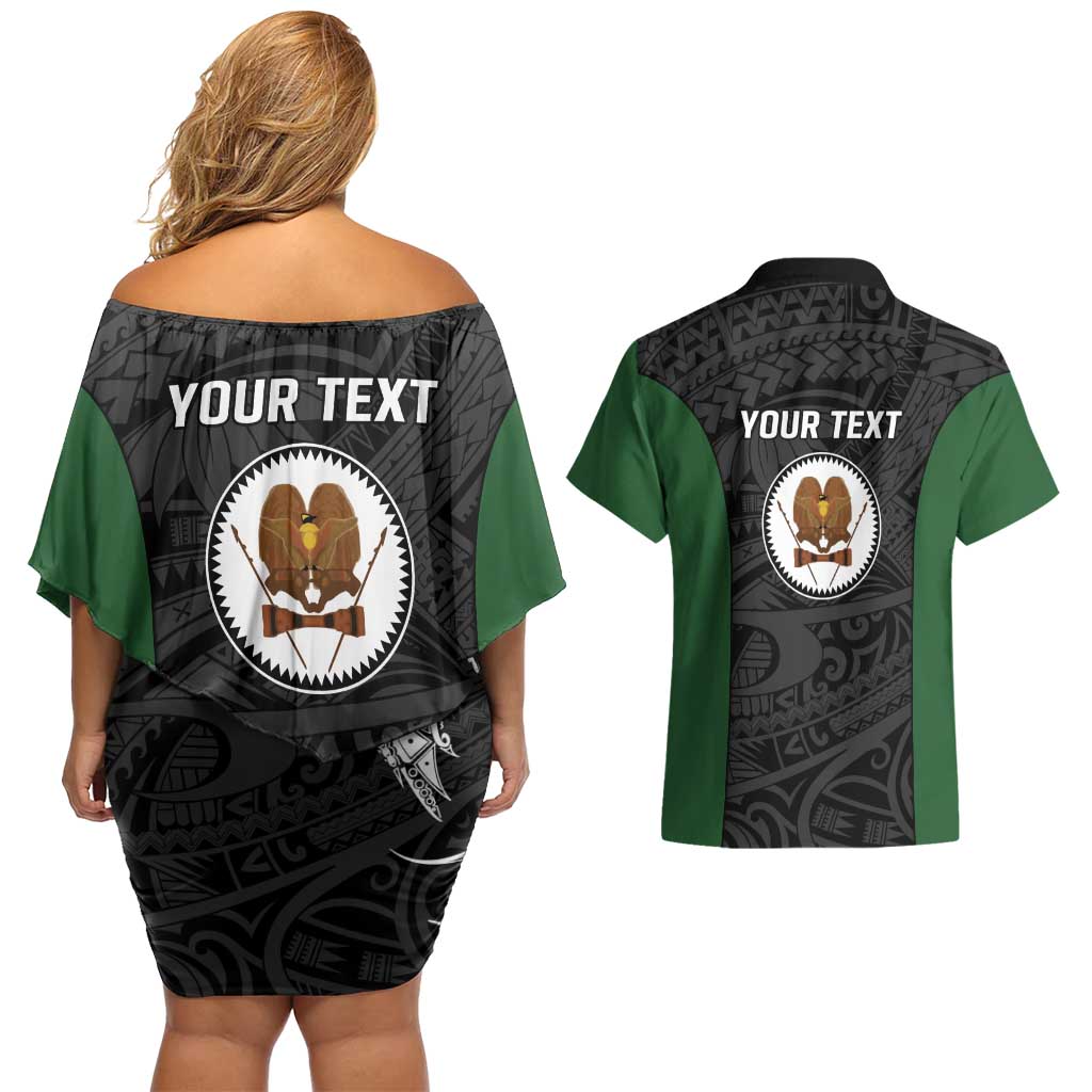 Personalised PNG Western Highlands Province Couples Matching Off Shoulder Short Dress and Hawaiian Shirt Bird of Paradise Tattoo Flag Motif LT9 - Polynesian Pride