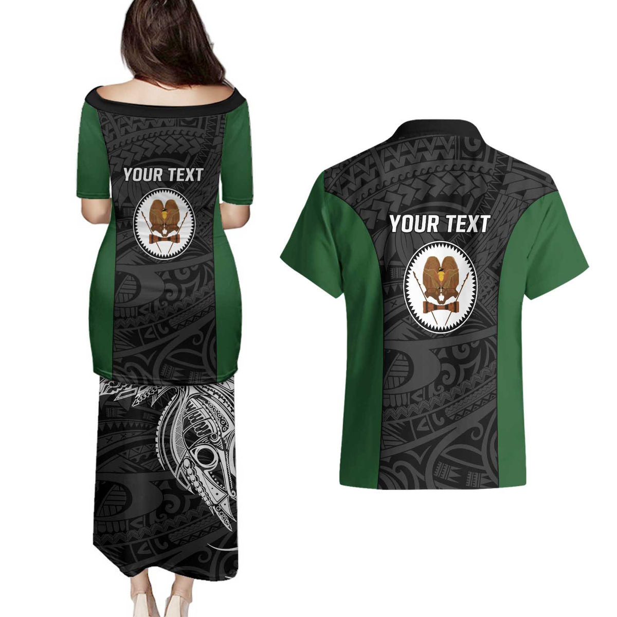 Personalised PNG Western Highlands Province Couples Matching Puletasi and Hawaiian Shirt Bird of Paradise Tattoo Flag Motif LT9 - Polynesian Pride