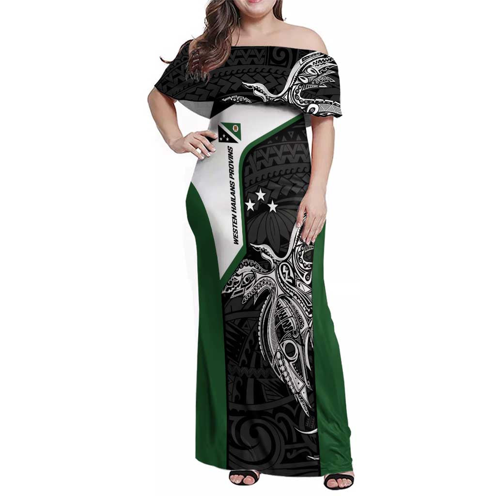 Personalised PNG Western Highlands Province Family Matching Off Shoulder Maxi Dress and Hawaiian Shirt Bird of Paradise Tattoo Flag Motif LT9 Mom's Dress Green - Polynesian Pride