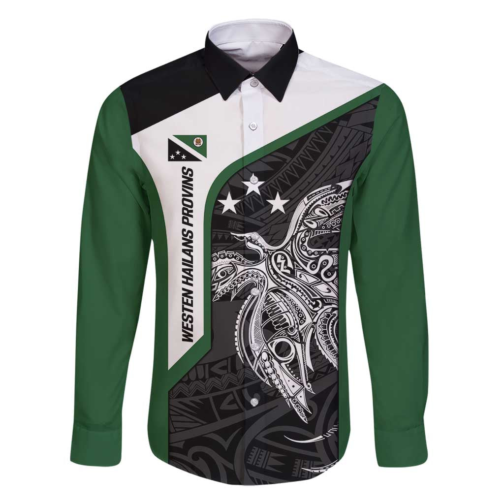 Personalised PNG Western Highlands Province Family Matching Off Shoulder Short Dress and Hawaiian Shirt Bird of Paradise Tattoo Flag Motif LT9 Dad's Shirt - Long Sleeve Green - Polynesian Pride