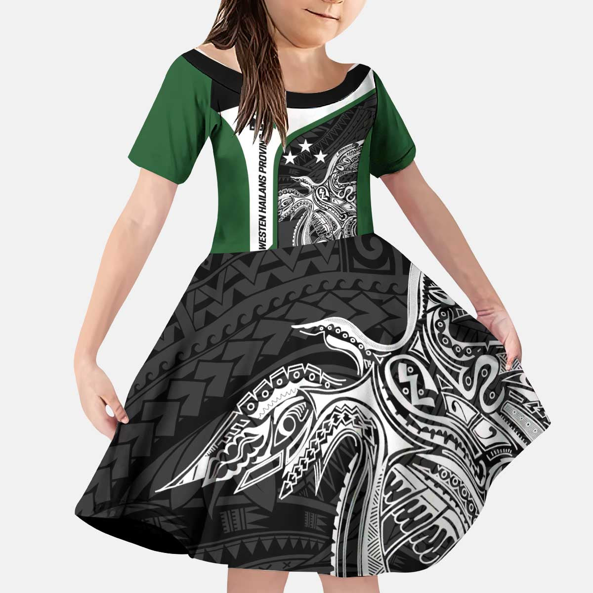 Personalised PNG Western Highlands Province Kid Short Sleeve Dress Bird of Paradise Tattoo Flag Motif LT9 KID Green - Polynesian Pride