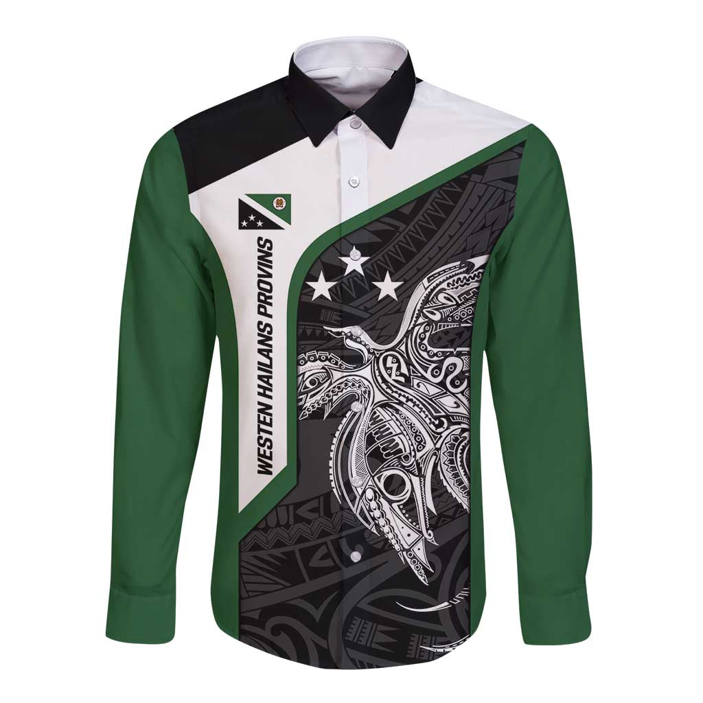 Personalised PNG Western Highlands Province Long Sleeve Button Shirt Bird of Paradise Tattoo Flag Motif LT9 Unisex Green - Polynesian Pride