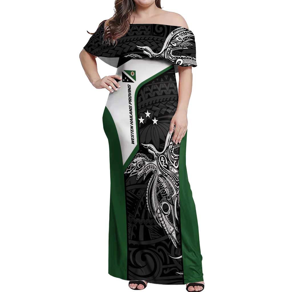Personalised PNG Western Highlands Province Off Shoulder Maxi Dress Bird of Paradise Tattoo Flag Motif LT9 Women Green - Polynesian Pride