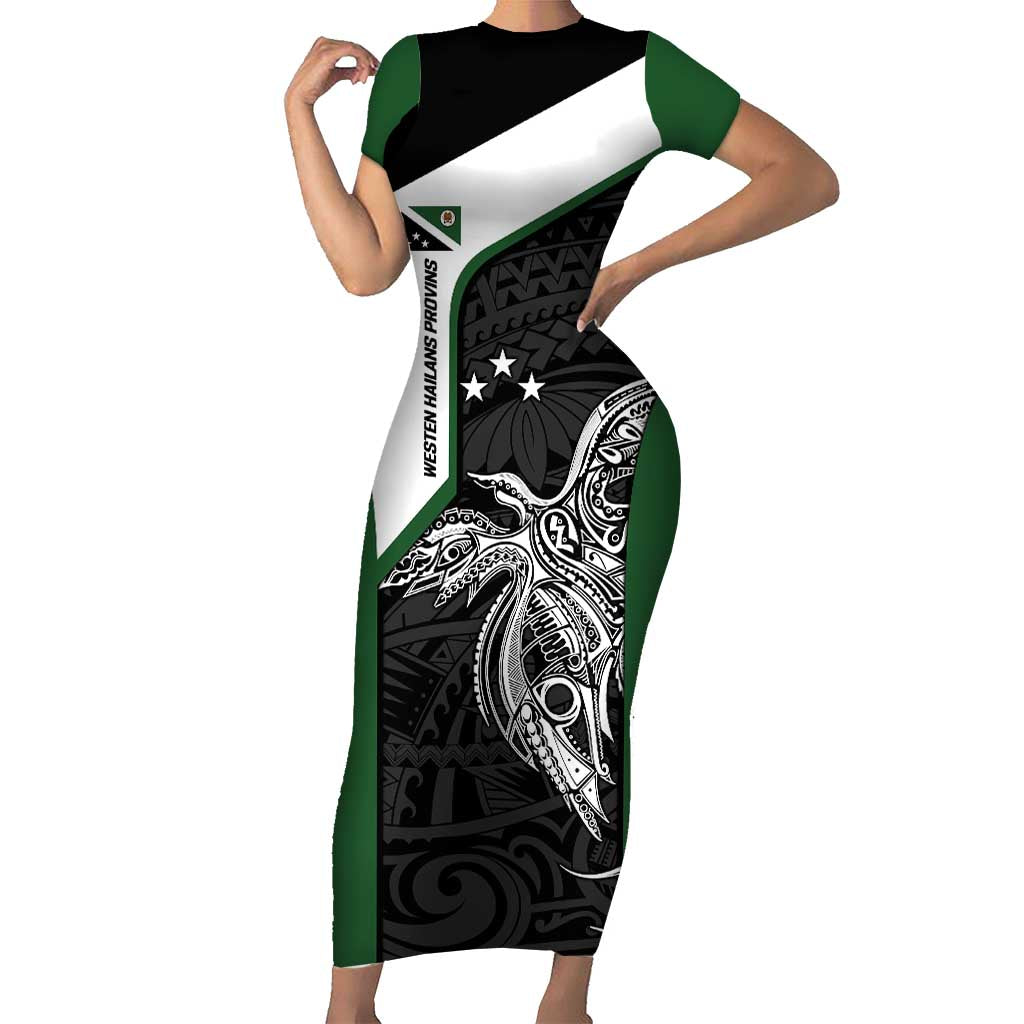 Personalised PNG Western Highlands Province Short Sleeve Bodycon Dress Bird of Paradise Tattoo Flag Motif LT9 Long Dress Green - Polynesian Pride