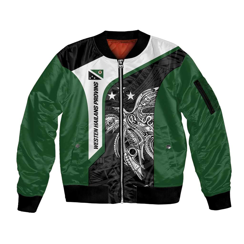 Personalised PNG Western Highlands Province Sleeve Zip Bomber Jacket Bird of Paradise Tattoo Flag Motif LT9 Unisex Green - Polynesian Pride