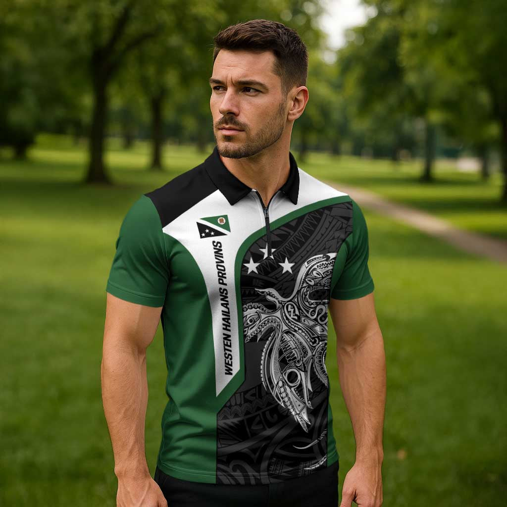Personalised PNG Western Highlands Province Zipper Polo Shirt Bird of Paradise Tattoo Flag Motif LT9 - Polynesian Pride