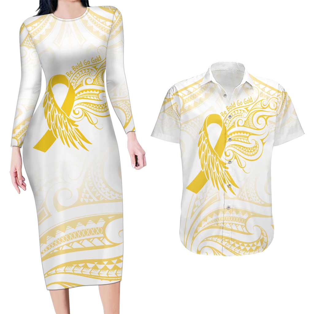 Be Bold Go Gold Polyneisan Ribbon Childhood Personalised Couples Matching Long Sleeve Bodycon Dress and Hawaiian Shirt LT9 Gold - Polynesian Pride