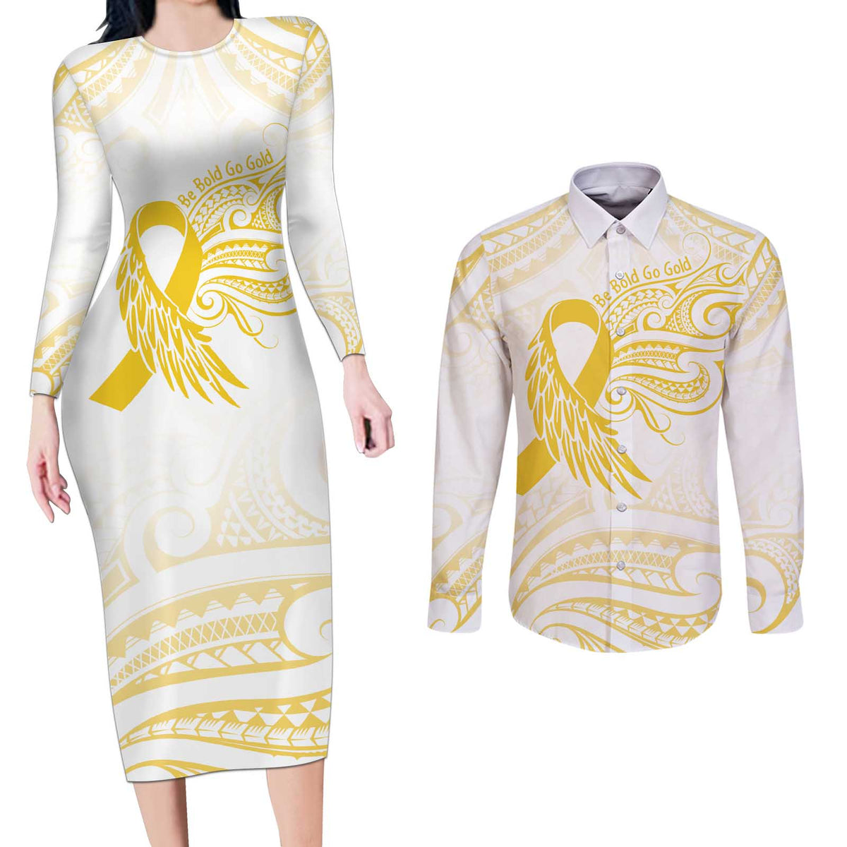 Be Bold Go Gold Polyneisan Ribbon Childhood Personalised Couples Matching Long Sleeve Bodycon Dress and Long Sleeve Button Shirt LT9 Gold - Polynesian Pride