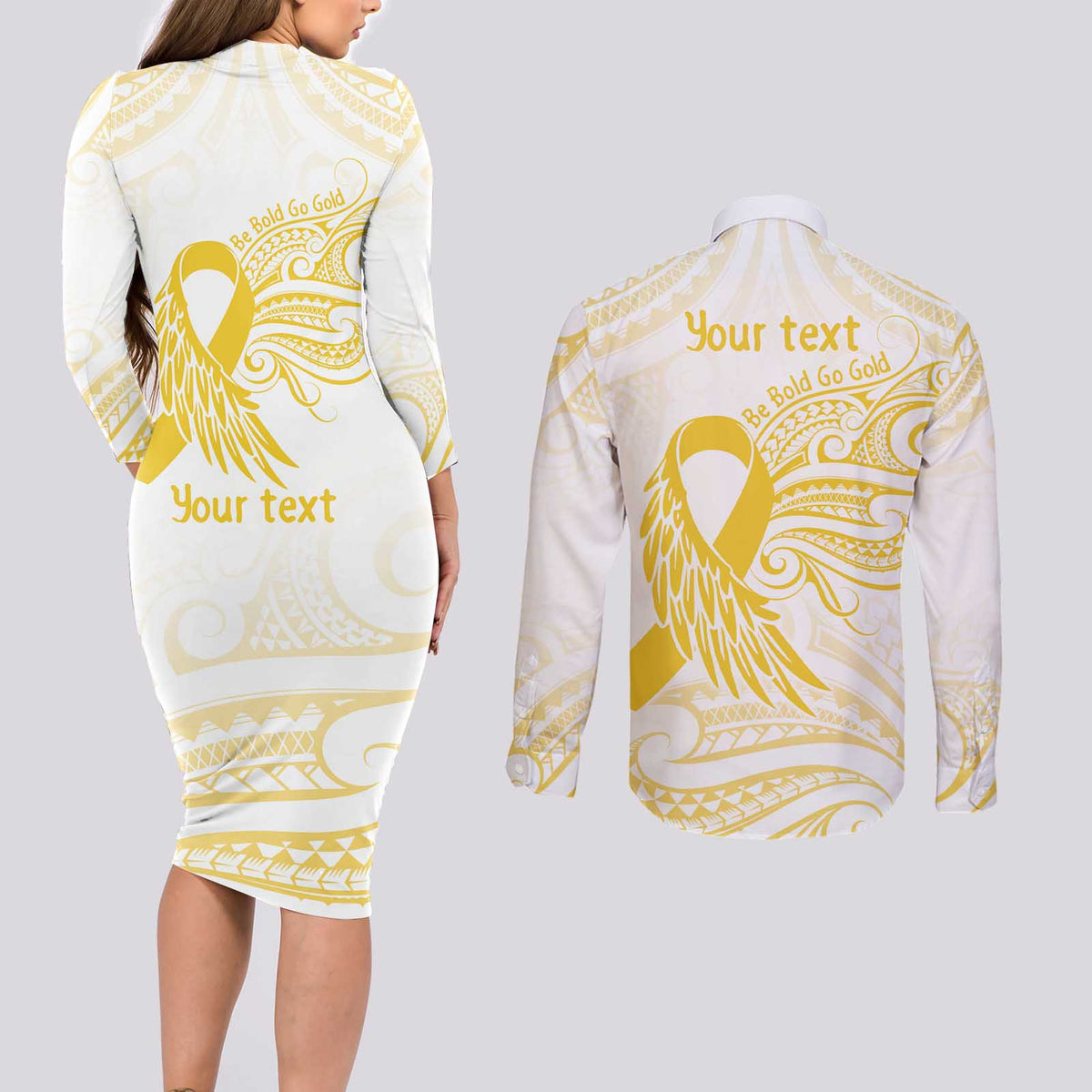 Be Bold Go Gold Polyneisan Ribbon Childhood Personalised Couples Matching Long Sleeve Bodycon Dress and Long Sleeve Button Shirt LT9 - Polynesian Pride