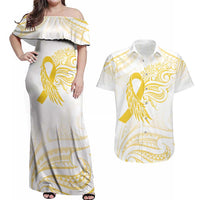 Be Bold Go Gold Polyneisan Ribbon Childhood Personalised Couples Matching Off Shoulder Maxi Dress and Hawaiian Shirt LT9 Gold - Polynesian Pride