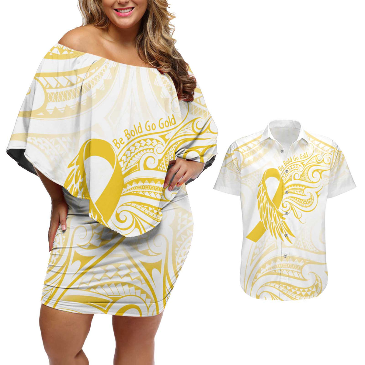 Be Bold Go Gold Polyneisan Ribbon Childhood Personalised Couples Matching Off Shoulder Short Dress and Hawaiian Shirt LT9 Gold - Polynesian Pride