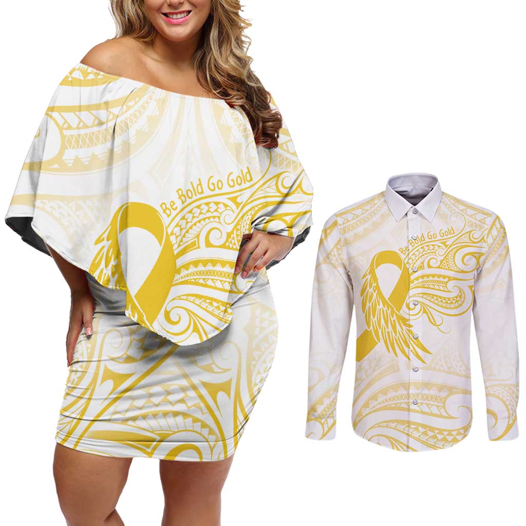 Be Bold Go Gold Polyneisan Ribbon Childhood Personalised Couples Matching Off Shoulder Short Dress and Long Sleeve Button Shirt LT9 Gold - Polynesian Pride