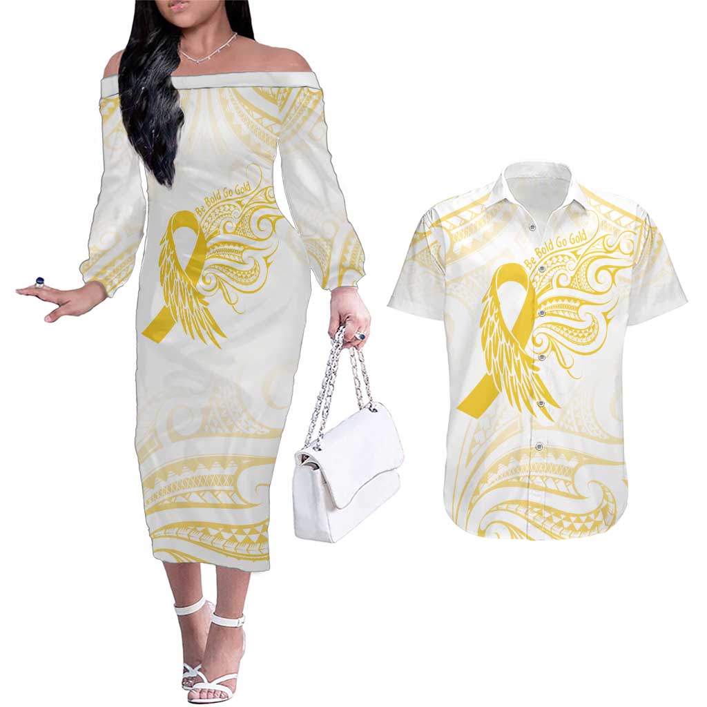 Be Bold Go Gold Polyneisan Ribbon Childhood Personalised Couples Matching Off The Shoulder Long Sleeve Dress and Hawaiian Shirt LT9 Gold - Polynesian Pride