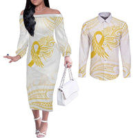 Be Bold Go Gold Polyneisan Ribbon Childhood Personalised Couples Matching Off The Shoulder Long Sleeve Dress and Long Sleeve Button Shirt LT9 Gold - Polynesian Pride