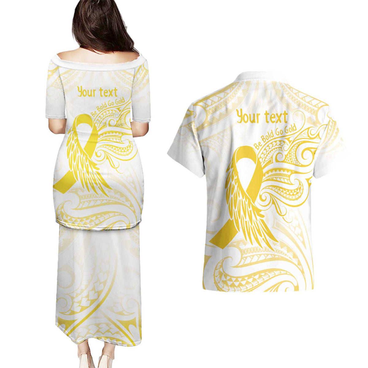 Be Bold Go Gold Polyneisan Ribbon Childhood Personalised Couples Matching Puletasi and Hawaiian Shirt LT9 - Polynesian Pride