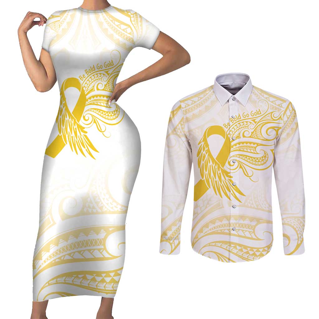 Be Bold Go Gold Polyneisan Ribbon Childhood Personalised Couples Matching Short Sleeve Bodycon Dress and Long Sleeve Button Shirt LT9 Gold - Polynesian Pride