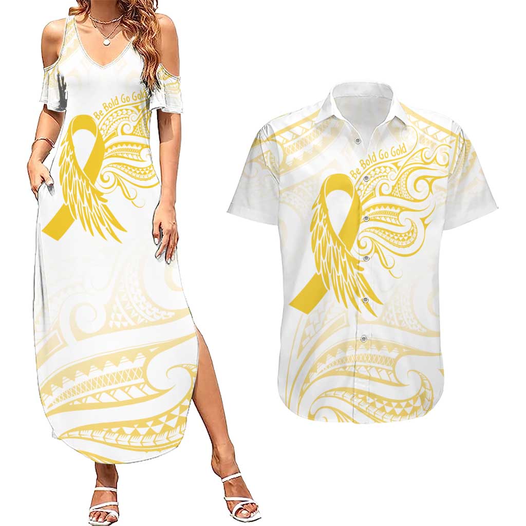Be Bold Go Gold Polyneisan Ribbon Childhood Personalised Couples Matching Summer Maxi Dress and Hawaiian Shirt LT9 Gold - Polynesian Pride