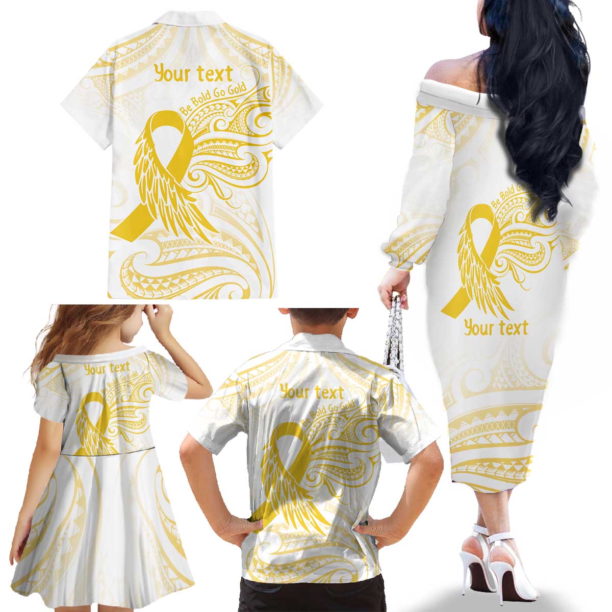 Be Bold Go Gold Polyneisan Ribbon Childhood Personalised Family Matching Off The Shoulder Long Sleeve Dress and Hawaiian Shirt LT9 - Polynesian Pride