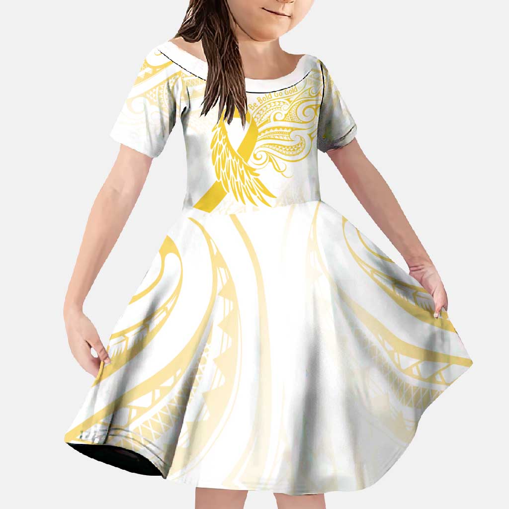 Be Bold Go Gold Polyneisan Ribbon Childhood Personalised Family Matching Off Shoulder Maxi Dress and Hawaiian Shirt LT9 Daughter's Dress Gold - Polynesian Pride