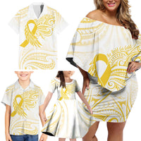 Be Bold Go Gold Polyneisan Ribbon Childhood Personalised Family Matching Off Shoulder Short Dress and Hawaiian Shirt LT9 - Polynesian Pride
