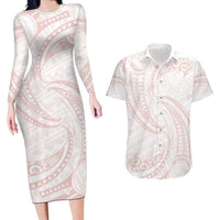 White Sunday Lotu Tamaiti Couples Matching Long Sleeve Bodycon Dress and Hawaiian Shirt Polynesian Wave Pastel Blush LT9 Blush - Polynesian Pride