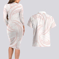White Sunday Lotu Tamaiti Couples Matching Long Sleeve Bodycon Dress and Hawaiian Shirt Polynesian Wave Pastel Blush LT9 - Polynesian Pride