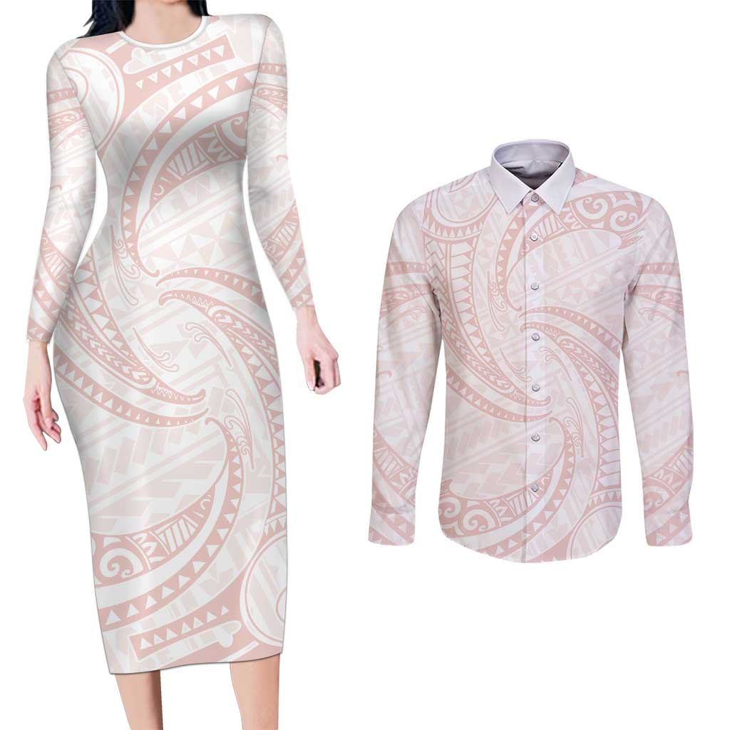 White Sunday Lotu Tamaiti Couples Matching Long Sleeve Bodycon Dress and Long Sleeve Button Shirt Polynesian Wave Pastel Blush LT9 Blush - Polynesian Pride