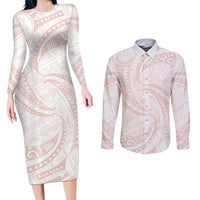 White Sunday Lotu Tamaiti Couples Matching Long Sleeve Bodycon Dress and Long Sleeve Button Shirt Polynesian Wave Pastel Blush LT9 Blush - Polynesian Pride