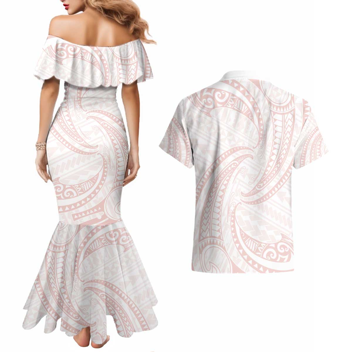 White Sunday Lotu Tamaiti Couples Matching Mermaid Dress and Hawaiian Shirt Polynesian Wave Pastel Blush LT9 - Polynesian Pride
