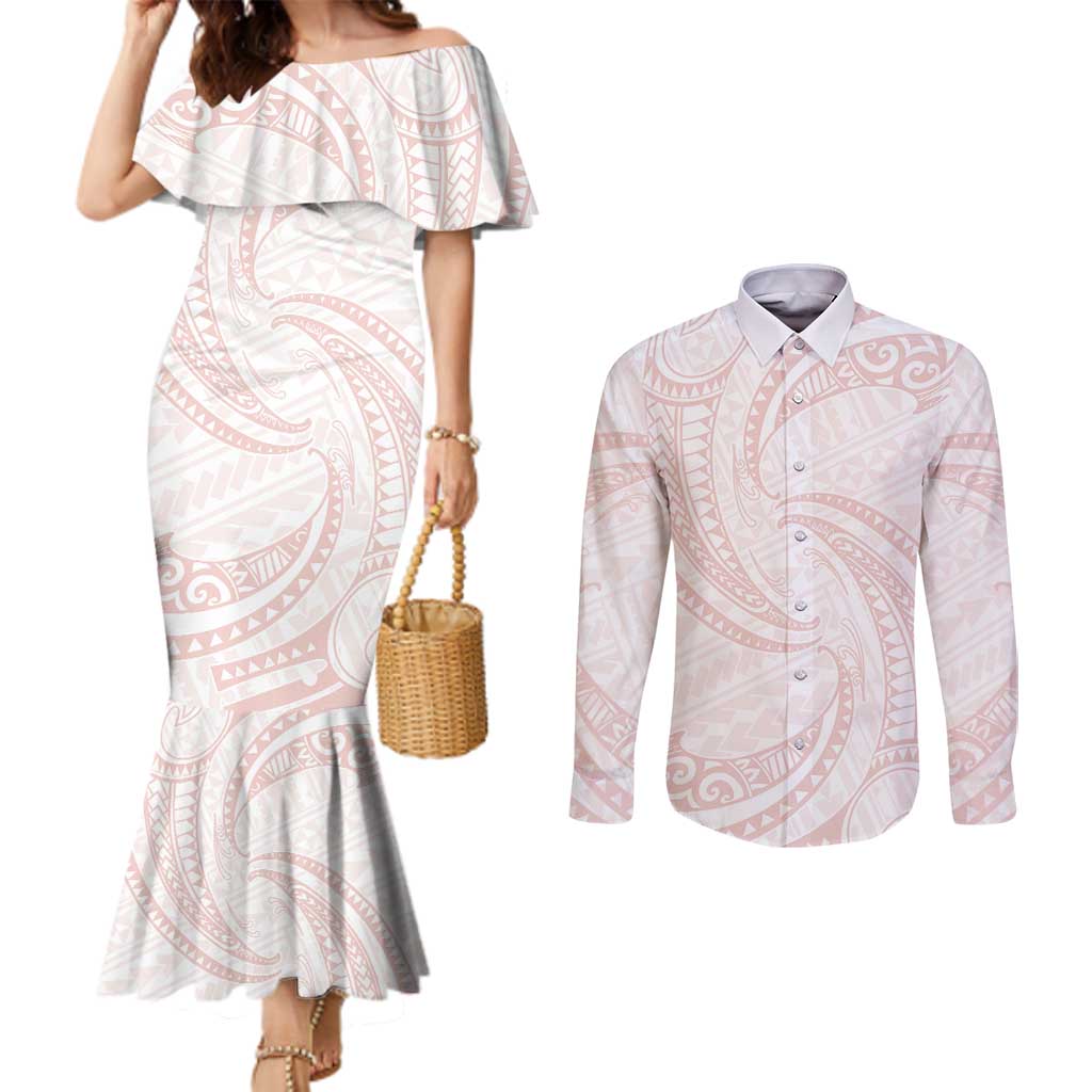 White Sunday Lotu Tamaiti Couples Matching Mermaid Dress and Long Sleeve Button Shirt Polynesian Wave Pastel Blush LT9 Blush - Polynesian Pride