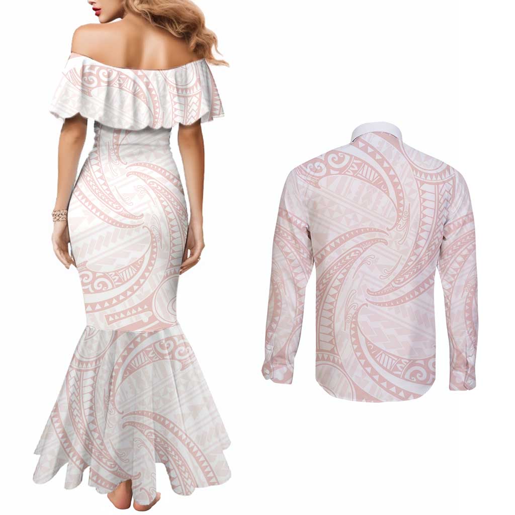 White Sunday Lotu Tamaiti Couples Matching Mermaid Dress and Long Sleeve Button Shirt Polynesian Wave Pastel Blush LT9 - Polynesian Pride