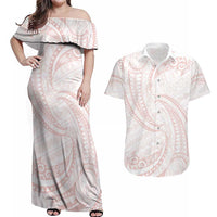 White Sunday Lotu Tamaiti Couples Matching Off Shoulder Maxi Dress and Hawaiian Shirt Polynesian Wave Pastel Blush LT9 Blush - Polynesian Pride