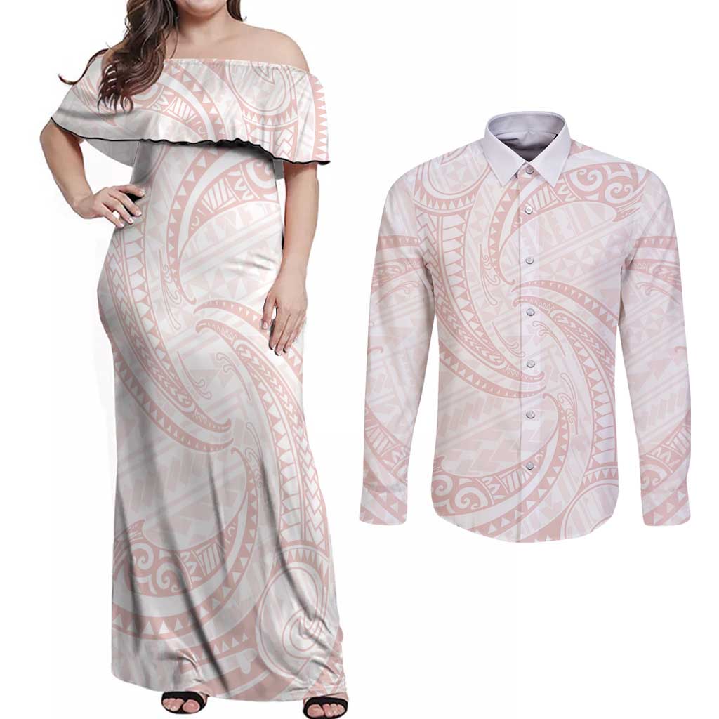 White Sunday Lotu Tamaiti Couples Matching Off Shoulder Maxi Dress and Long Sleeve Button Shirt Polynesian Wave Pastel Blush LT9 Blush - Polynesian Pride