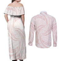 White Sunday Lotu Tamaiti Couples Matching Off Shoulder Maxi Dress and Long Sleeve Button Shirt Polynesian Wave Pastel Blush LT9 - Polynesian Pride