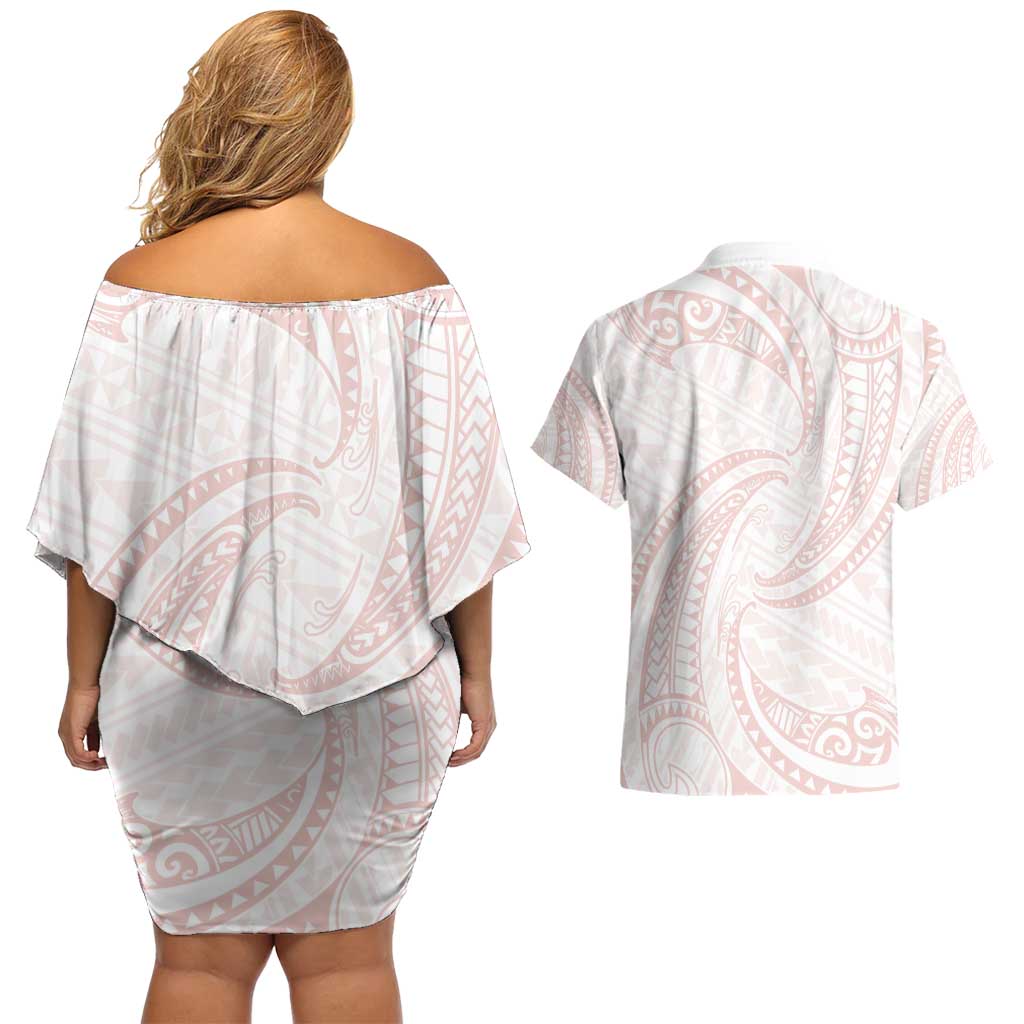 White Sunday Lotu Tamaiti Couples Matching Off Shoulder Short Dress and Hawaiian Shirt Polynesian Wave Pastel Blush LT9 - Polynesian Pride