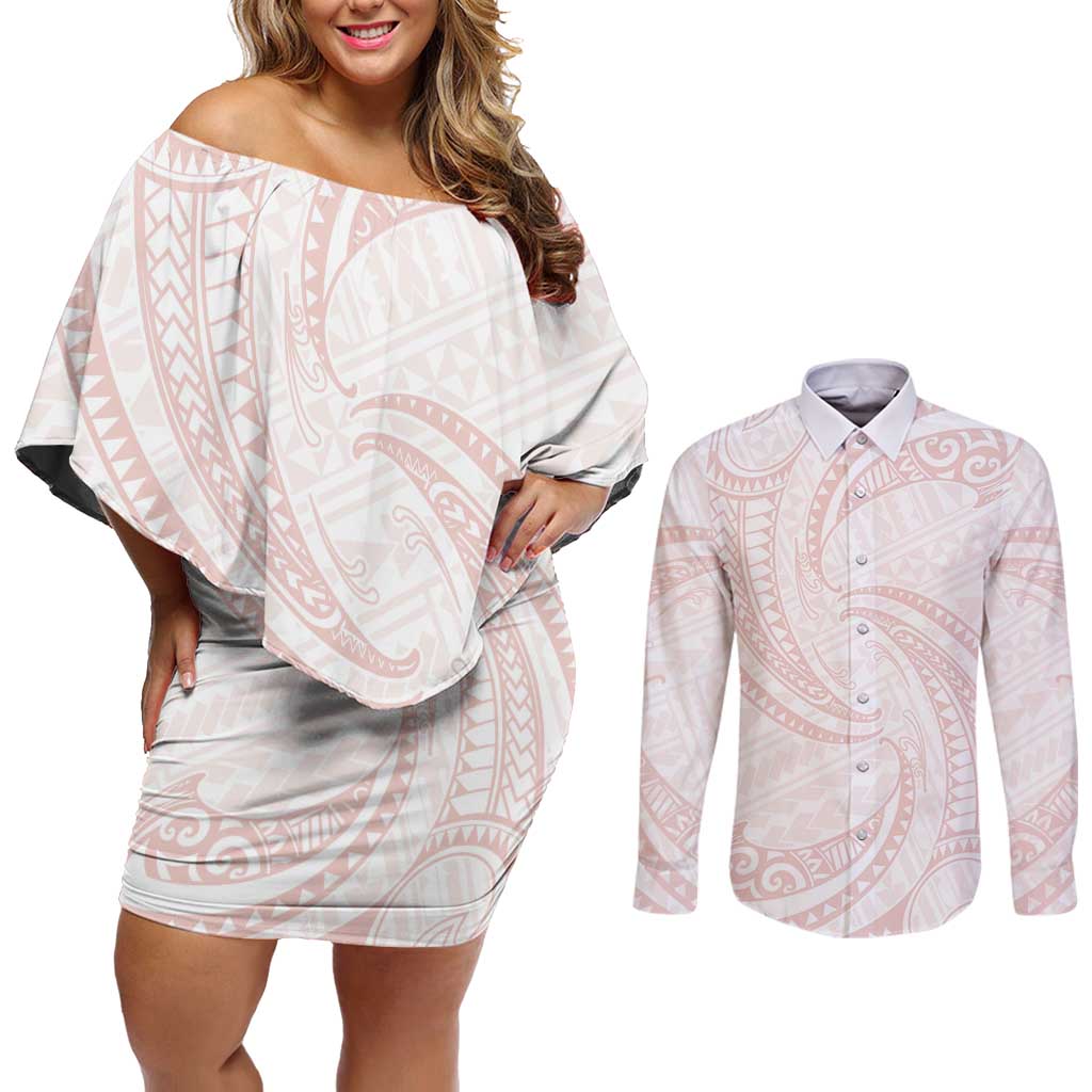White Sunday Lotu Tamaiti Couples Matching Off Shoulder Short Dress and Long Sleeve Button Shirt Polynesian Wave Pastel Blush LT9 Blush - Polynesian Pride