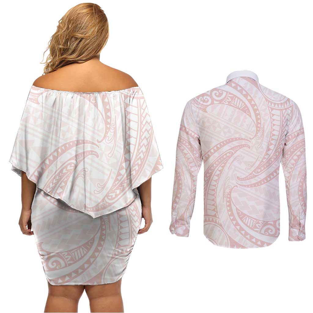 White Sunday Lotu Tamaiti Couples Matching Off Shoulder Short Dress and Long Sleeve Button Shirt Polynesian Wave Pastel Blush LT9 - Polynesian Pride