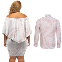 White Sunday Lotu Tamaiti Couples Matching Off Shoulder Short Dress and Long Sleeve Button Shirt Polynesian Wave Pastel Blush LT9 - Polynesian Pride