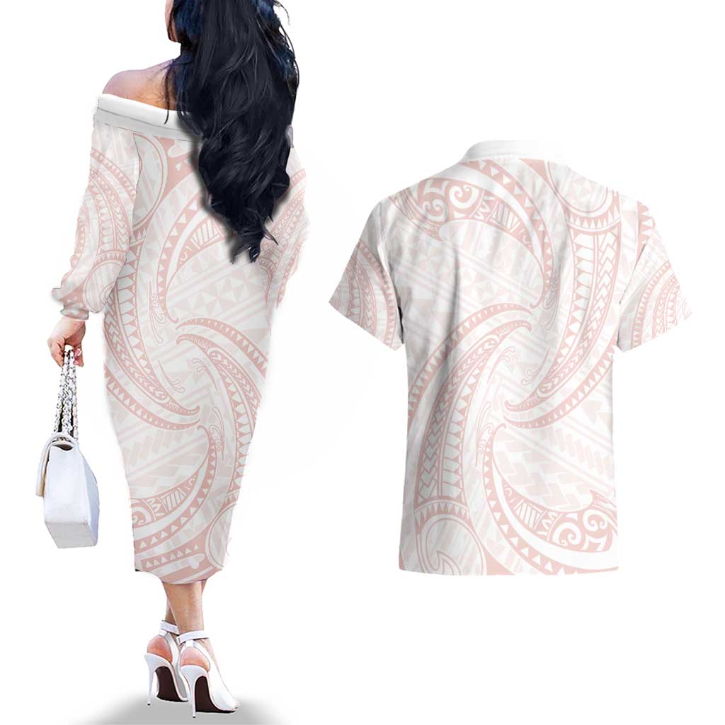 White Sunday Lotu Tamaiti Couples Matching Off The Shoulder Long Sleeve Dress and Hawaiian Shirt Polynesian Wave Pastel Blush LT9 - Polynesian Pride