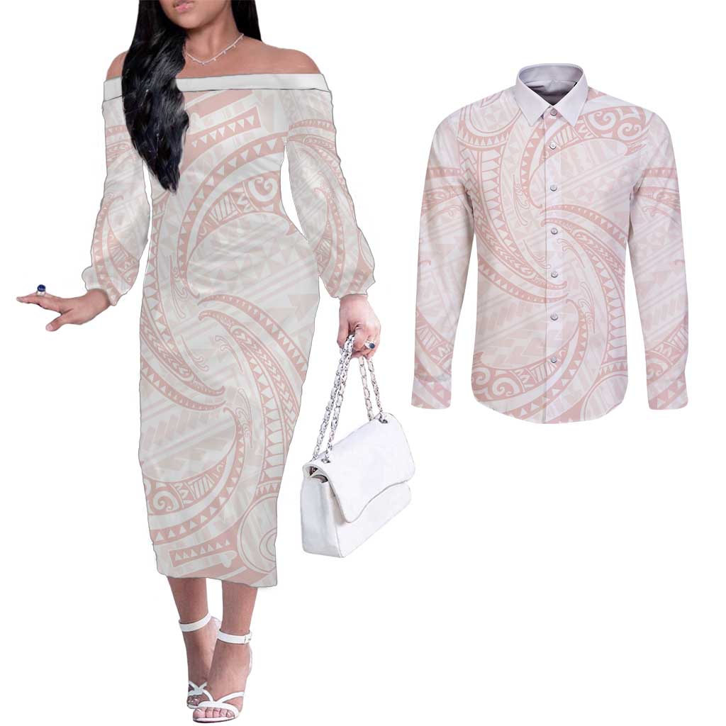 White Sunday Lotu Tamaiti Couples Matching Off The Shoulder Long Sleeve Dress and Long Sleeve Button Shirt Polynesian Wave Pastel Blush LT9 Blush - Polynesian Pride