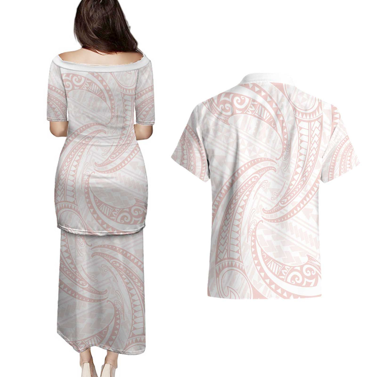 White Sunday Lotu Tamaiti Couples Matching Puletasi and Hawaiian Shirt Polynesian Wave Pastel Blush LT9 - Polynesian Pride