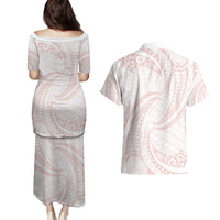 White Sunday Lotu Tamaiti Couples Matching Puletasi and Hawaiian Shirt Polynesian Wave Pastel Blush LT9 - Polynesian Pride