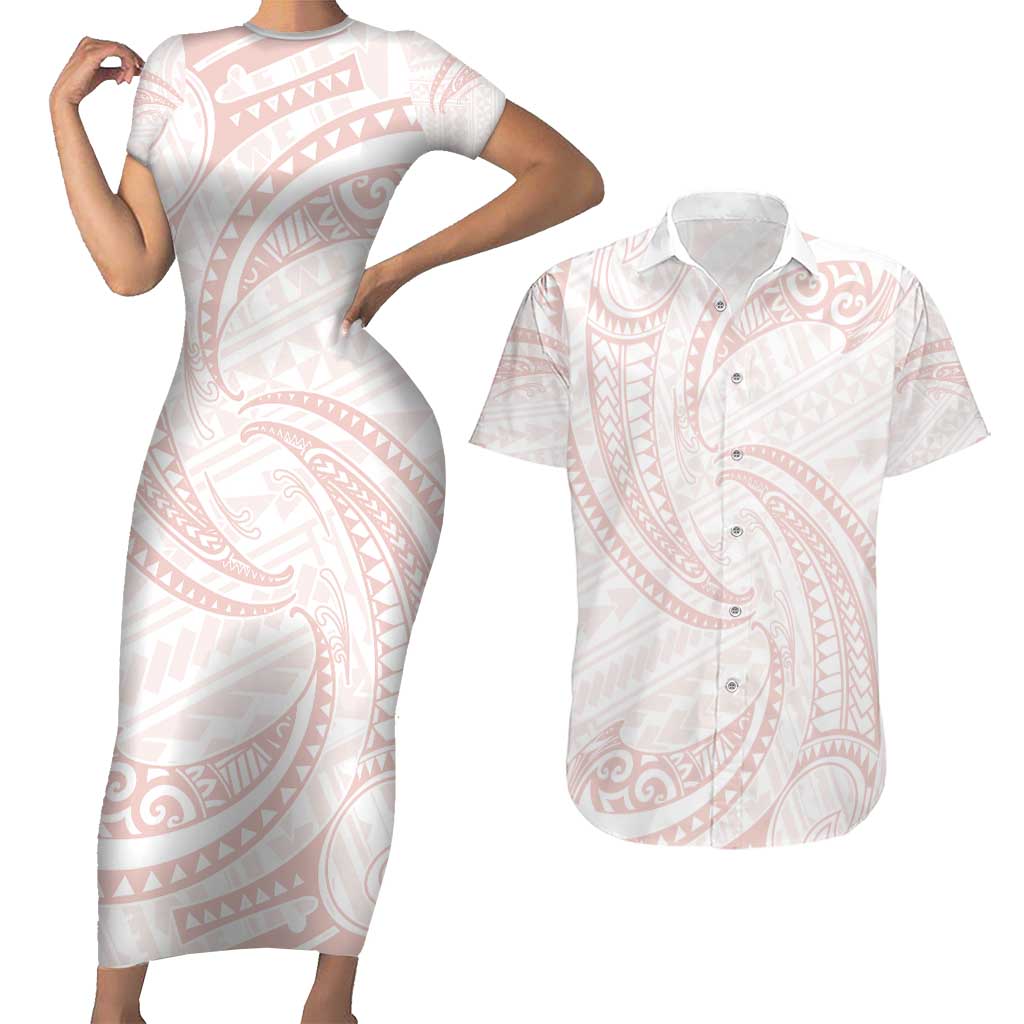 White Sunday Lotu Tamaiti Couples Matching Short Sleeve Bodycon Dress and Hawaiian Shirt Polynesian Wave Pastel Blush LT9 Blush - Polynesian Pride